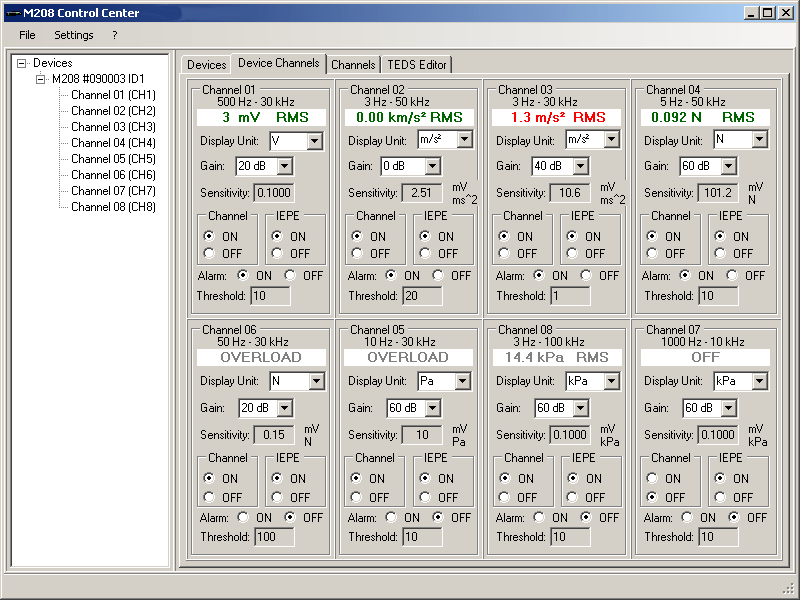 PC control software for RS-232 - channel settings